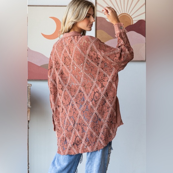 56. Oli & Hali Washed Lace Button Front Shirt in Brown - Picture 3 of 3